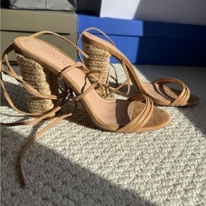 RAYE Brown Strappy Heels with Woven Detail